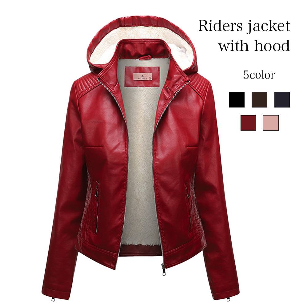 ライダースジャケット レディース フード付きライダースジャケット バイク 秋 アウター ショット ブルゾン おしゃれ レザージャケット レザー 30代 ライダース 50代 オフィス 革ジャン 革 厚手