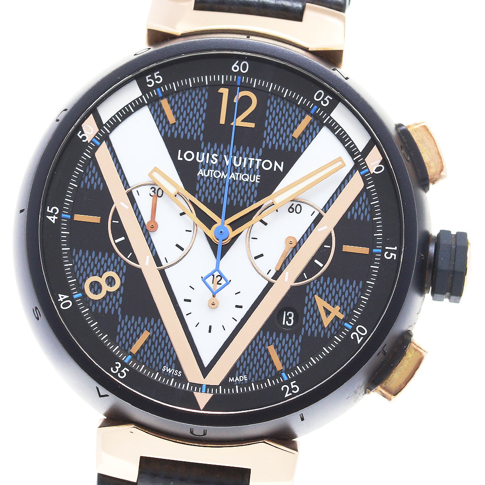 ルイ・ヴィトン LOUIS VUITTON QA090 タンブール ダミエコバルト クロノグラフ 自動巻き メンズ 良品 内箱付き_846121【中古】