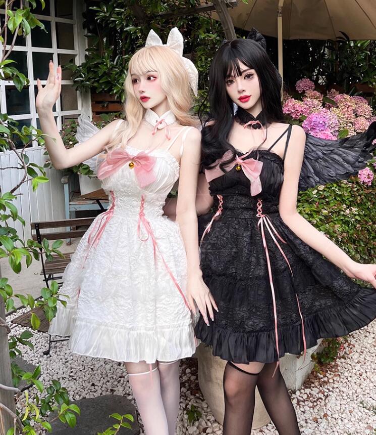 【TikTok人気新品】ゴスロリ ドレス キャミソール ゴシック ロリータドレス 黒白天使 悪魔 angel コスチューム ハロウィン コスプレ 衣装 翼 膝丈 ロリータドレス 天使 変身仮装 ブラッ