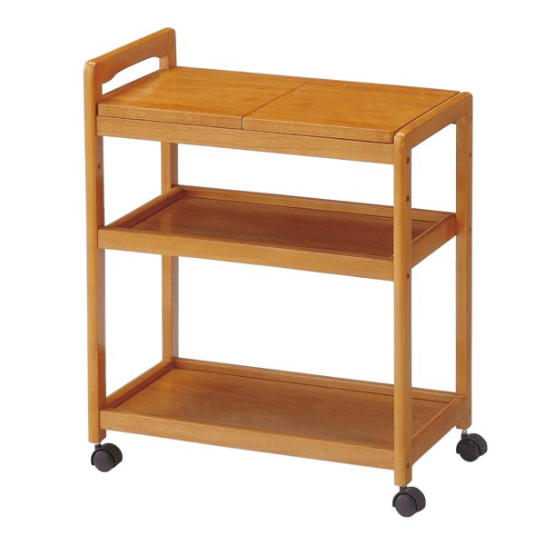 キッチンワゴン キャスター付 木製ワゴン 天板2分割式 長さ59cm （ キッチン 収納 天然木 天板取り外し ポット 3段 台所 ナチュラル ワゴン ）