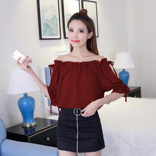 2246.肩リボン フリル　オフショルダートップス(レッド)　2019 春夏 新作 大人 かわいい カジュアル OL 20代 30代 デート服 女子会