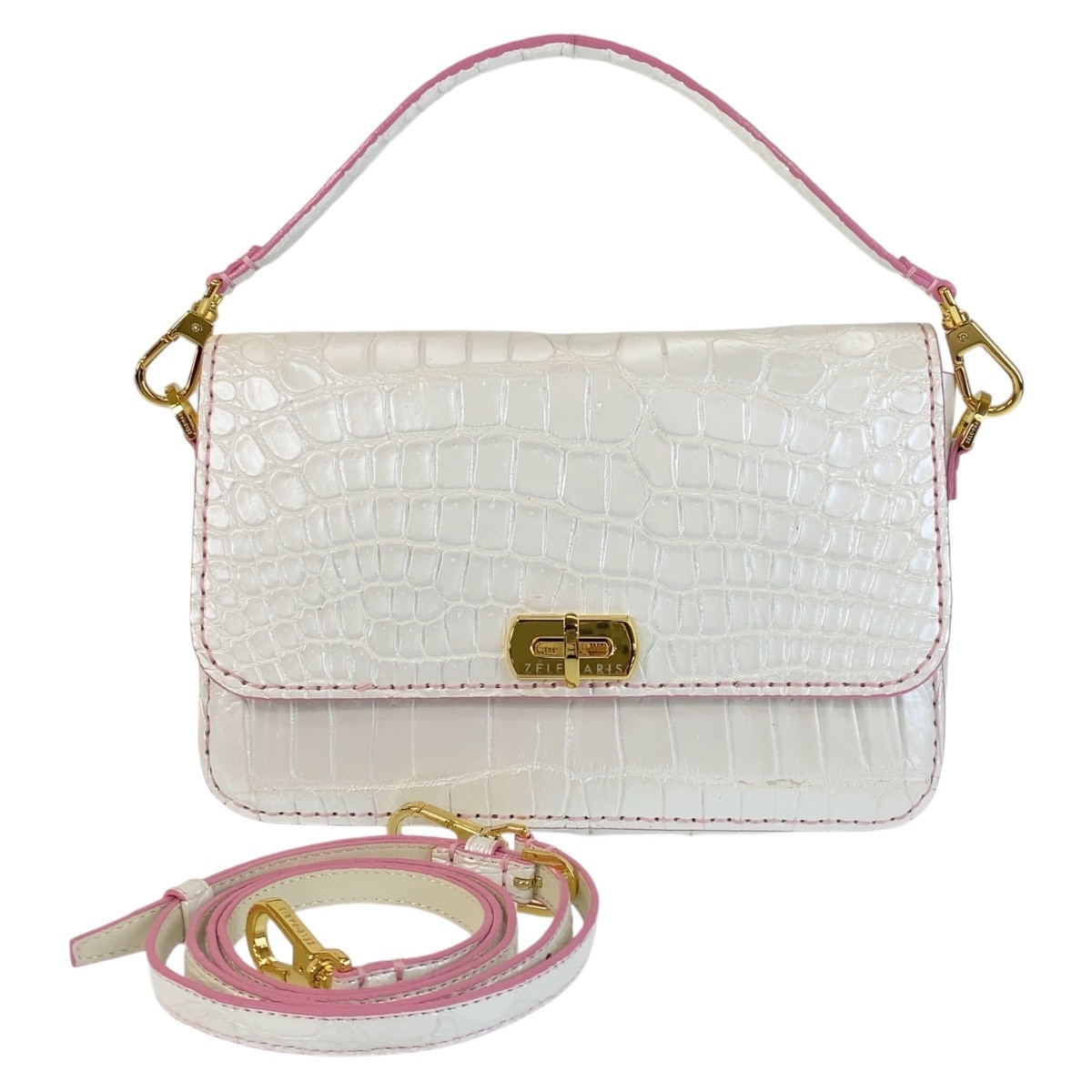 美品 リライアブル ホワイト ピンク ゴールド金具 クロコダイル 斜め掛け ショルダーバッグ ハンドバッグ 2way レディース 410852