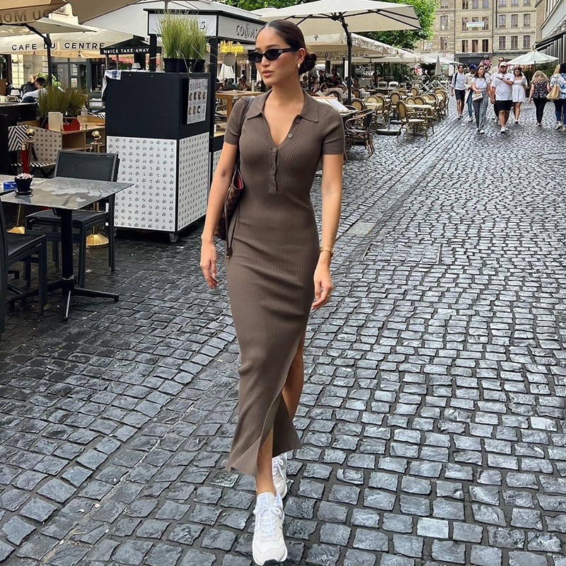 ワンピース レディース ロング丈 タイト きれいめ 個性的 春服 夏服 ロング 半袖 襟付き サイドスリット インスタ映え モテ 流行 トレンド 高見え 華奢見え 若見え 無地 ブラウン S M L