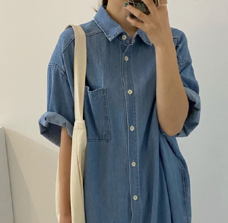 ワンピース 長袖 春夏 秋冬 カジュアル デニムワンピース ミモレ丈 ミディアム丈 ミドル丈 襟付き ストレート Iライン 前開き 2way 青 ブルー S M L かわいい 大人可愛い シンプル 大