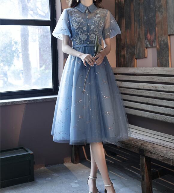 おしゃれで美しく清新で美しいパーティードレス半袖膝丈ワンピース結婚式発表会着瘦せ披露宴大きいサイズステージ