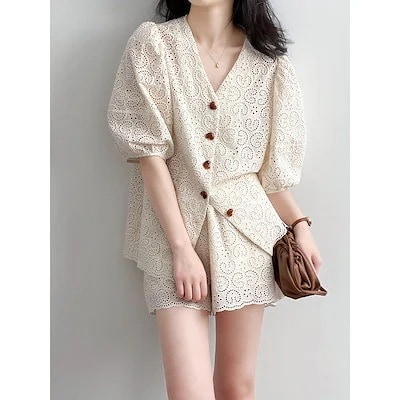 2024 夏 新作レース セットアップ レディース 気質 紫外線対策半袖 ゆったりシャツワイドパン セットアップ