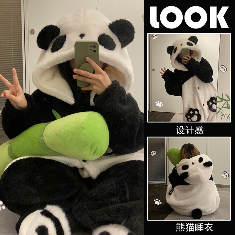 パンダパジャマ レディース コーラルベルベット 厚みのあるベルベット かわいい バスローブ ワンピース ロング ネグリジェ ホーム服 067