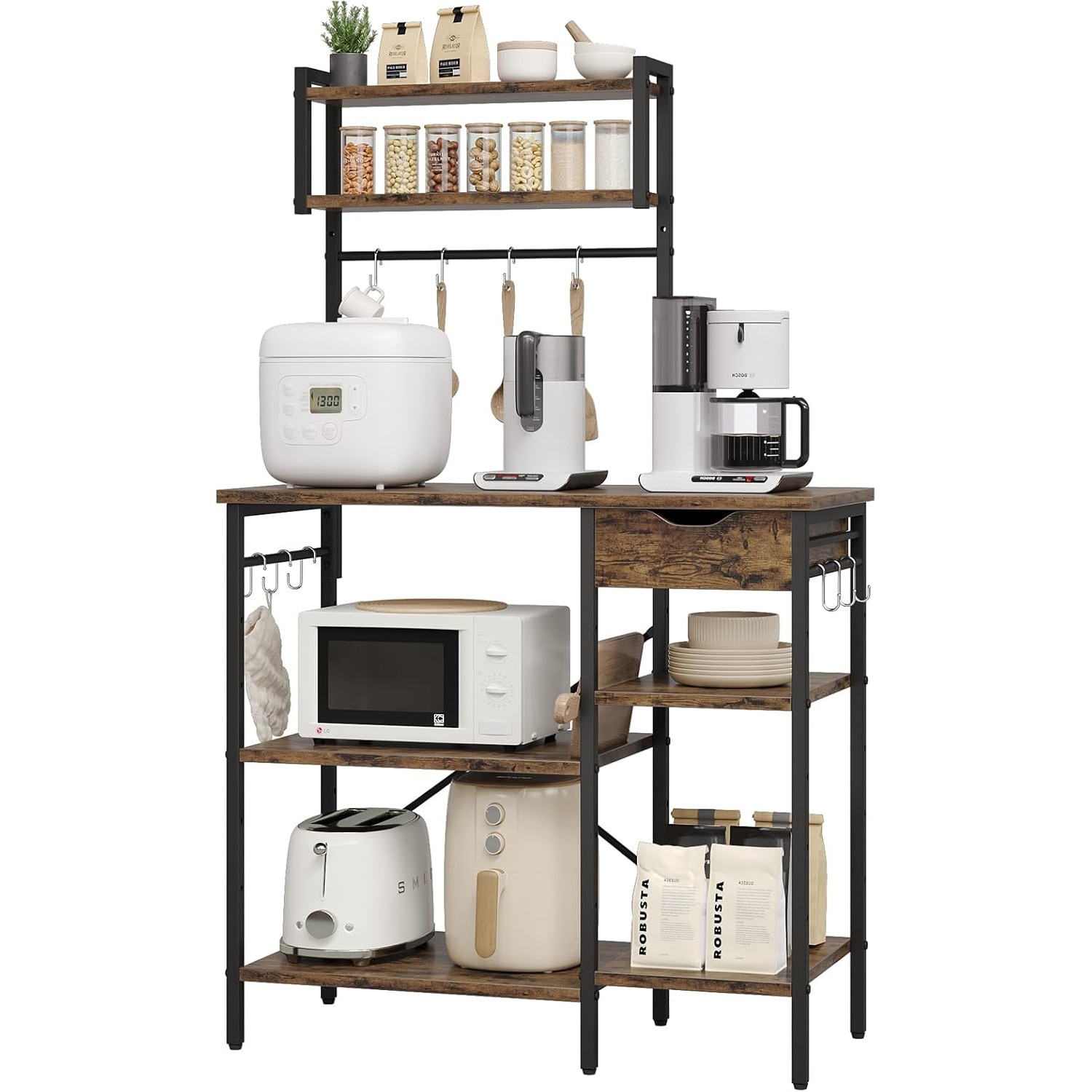 レンジラック 幅90cmレンジ台 電子レンジラック 大型レンジ対応キッチンラック 引き出し 高さ調整可動棚2枚 高耐荷設計 高さ147.8cm 食器棚 レンジボード キッチン収納 （ブラウン）