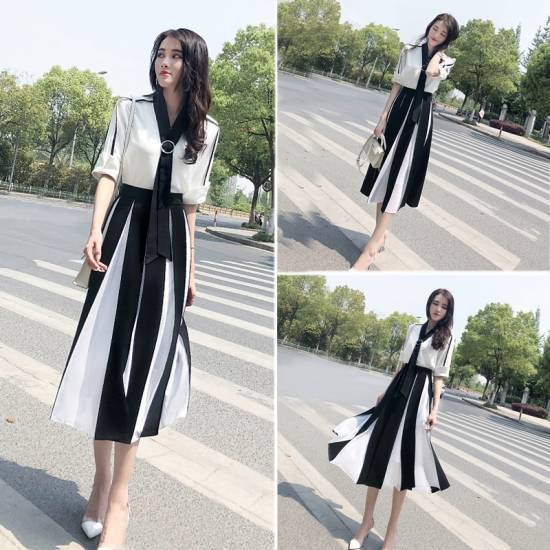 【新品追加】セットアップ ドレス パーティードレス レディース ツーピース ブラウス プリーツスカート シフォン 袖あり ミモレ クラシカル レトロ きちんと感 上品 20代 30代 40代 大きいサ