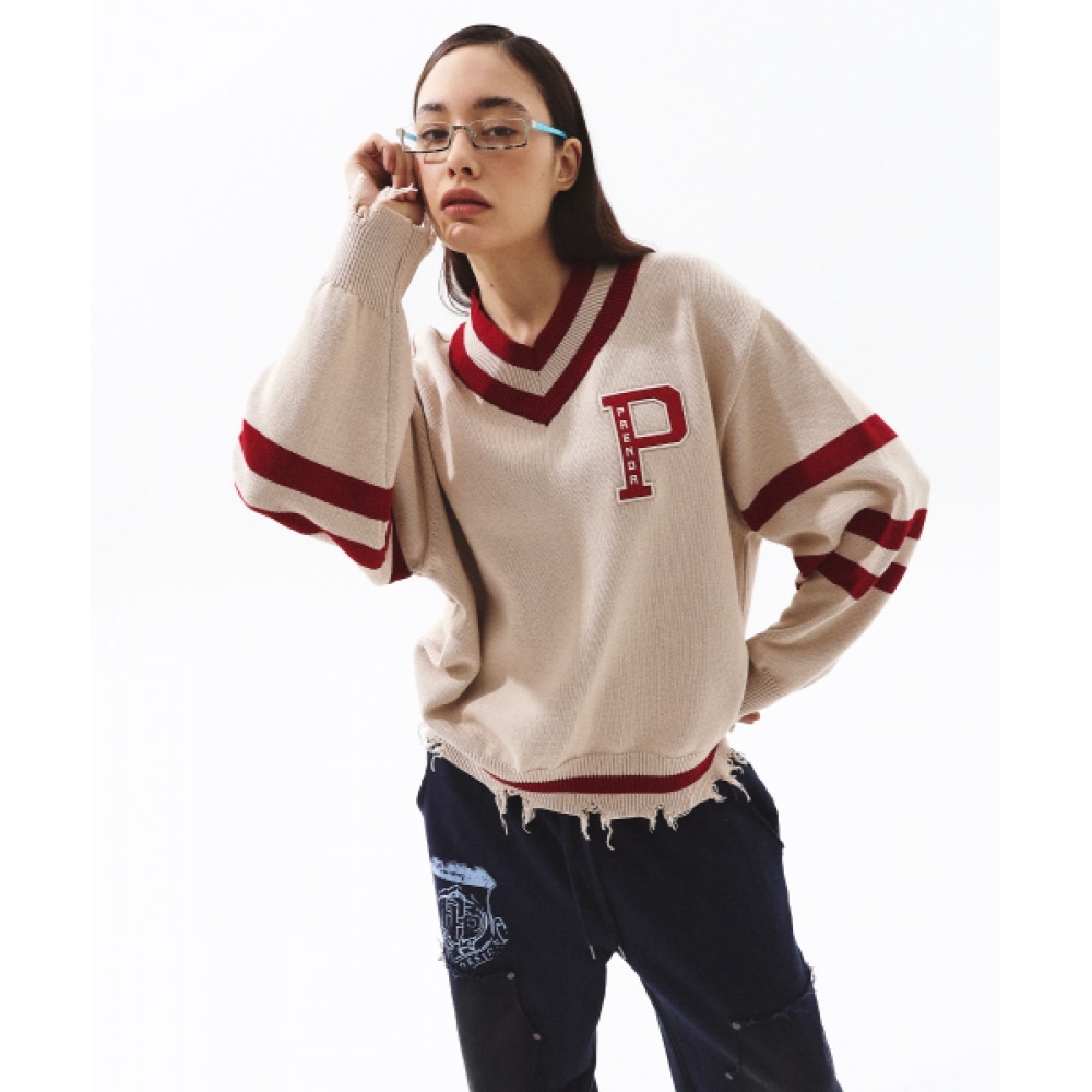 プレンダプラダ Vネックダメージニットベージュレッド