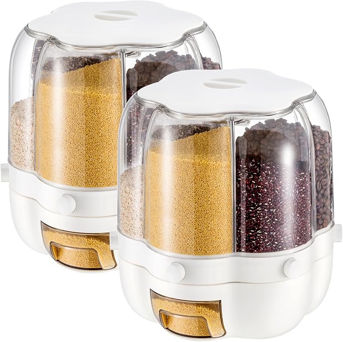 2ピース 360回転フードディスペンサー 13ポンド 米と穀物保存容器 6グリッド プラスチックシリアルオーガナイザー 蓋付き 米バケツ 密閉シリアルホルダー 豆 キッチン カウンタートップ パント