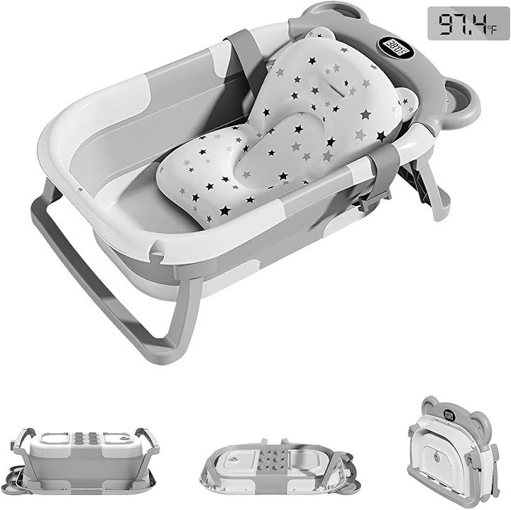ベビーバス 折りたたみ 湯温計付き 滑り止め バスクッション付き 簡易収納 赤ちゃん お風呂 浴槽 バスタブ 沐浴 シンク 新生児 0～36ヶ月(灰色)