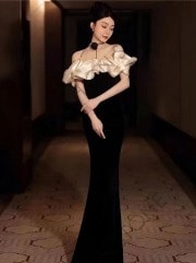 ブラックイブニングドレス女性2024新作ワンショルダーパーティー成人式ドレス-65