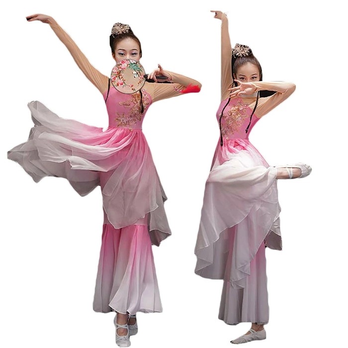 古典ダンス衣装 レディース エスニック風 ステージ衣装 花刺繍 グラデーション ダンス衣装 トップス ラッパパンツ 上下2点セット 中国古典舞踊ダンス衣装 ふんわり 中華風 ダンス衣装 レッスン着 扇