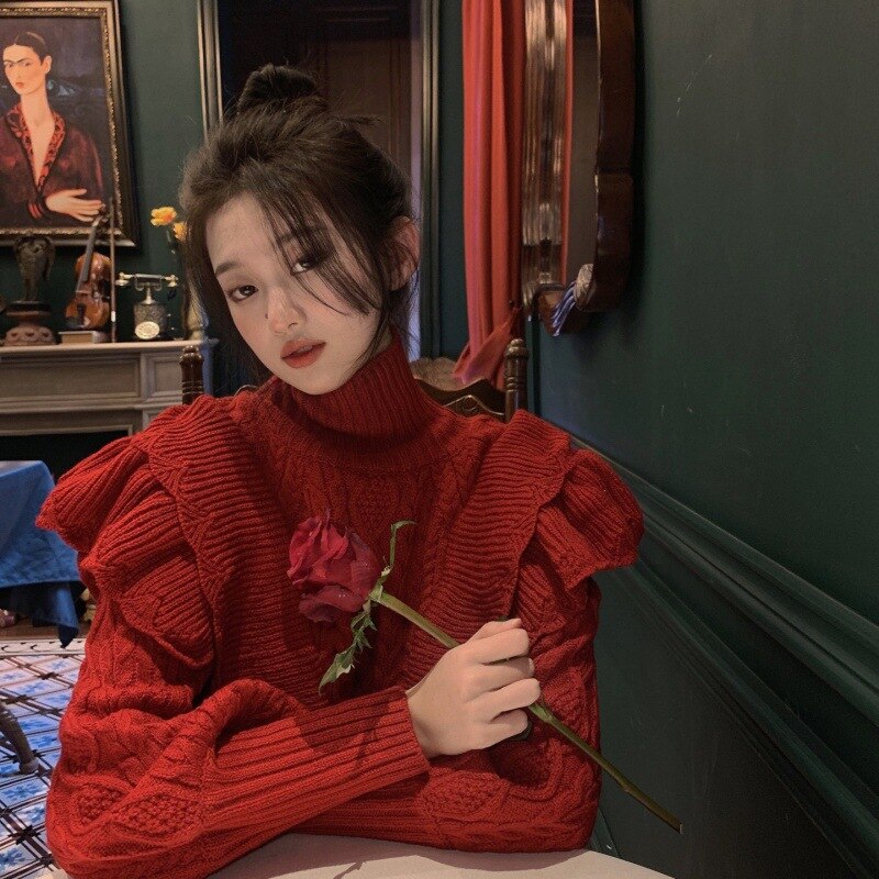 人気なリプニット タートルネックニット 新作 ニッチデザイン 怠惰風 厚手 ツイスト ラッフル セーター カシミヤタッチ ニット