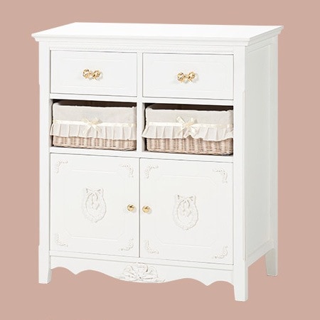 姫キャビネット 幅78cm フリル+リボン+大容量 アンティーク調 バスケット 完成品