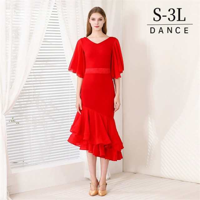 【 2025】社交ダンス ドレス フリル ミモレ丈 モダンドレス 赤 レッド 社交ダンス衣装 モダン スタンダード ワルツ ラテン チャチャチャ ルンバ サンバ ワンピース 無地 ダンス衣装 ステージ