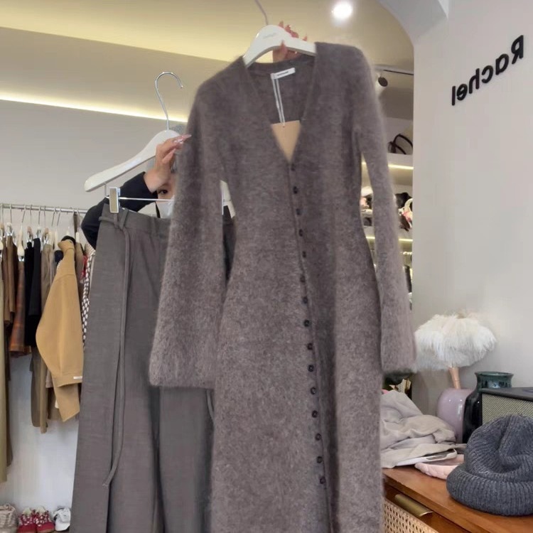 秋冬の女性用コーヒーモヘアカーディガンニットドレスハイエンドレイジースタイルソフトでワックスのようなロングセータードレス 5,594円