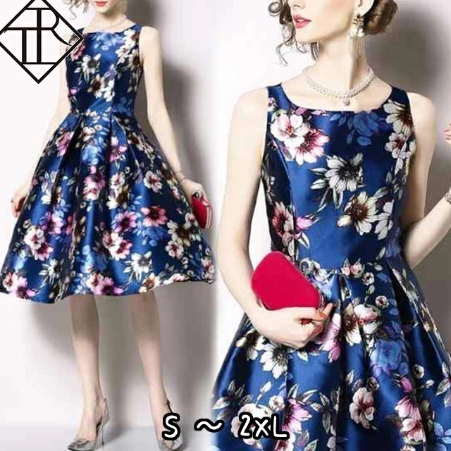２点で13o円OFF！【即納】パーティードレス 結婚式 ドレス ワンピース レディース 二次会 お呼ばれ パーティー 大きいサイズ フレアスカート 花柄 ミディアムドレス キレイめ ナチュラル お洒落