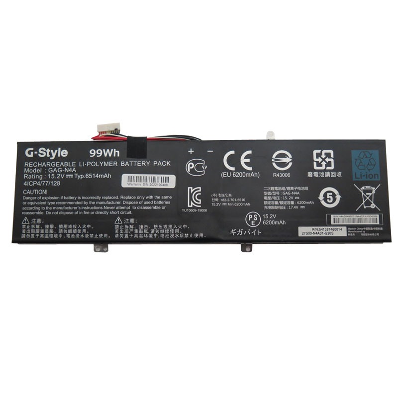 GAG-N4A ノートパソコンのバッテリー互換 Gigabyte GAG-N4A 27S00-N4A01-G20S 互換 GETAC:541387460014 15.2V 6200mAh 99WH