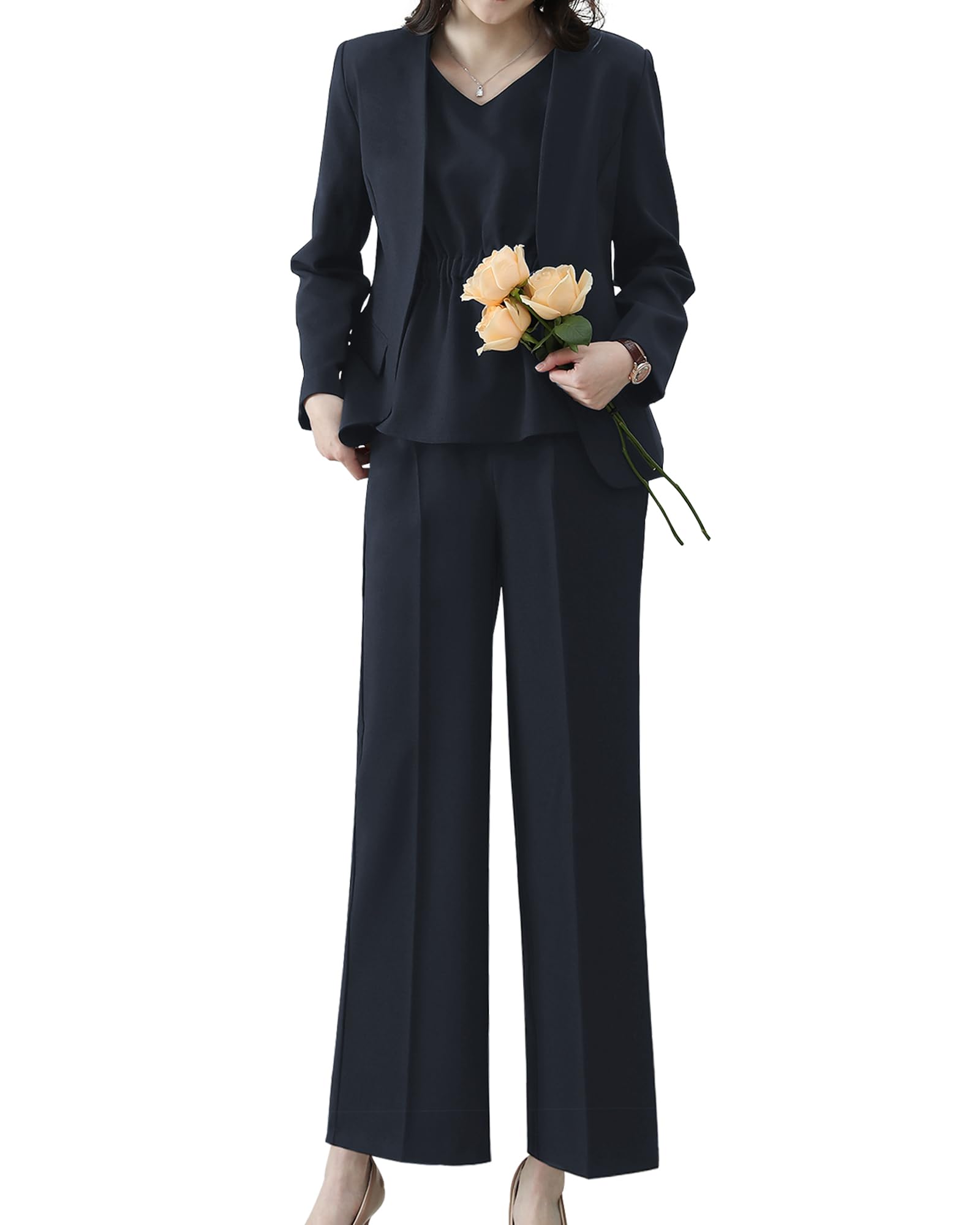 [Yino] イノ セットアップ 3点セット レディース パンツスーツ ジャケット＋ブラウス+ワイドパンツ 体型カバー 洗える スーツ 着瘦せ おしゃれ 女性らしい ママ 通勤 入学式 卒業式 面接