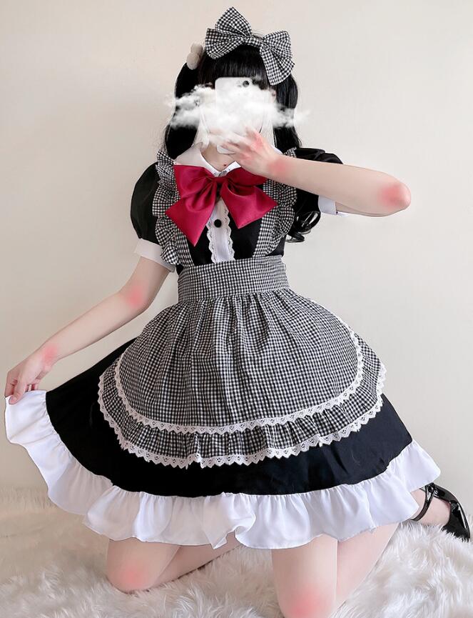 迅速な出荷 ロリータメイド服 ゴスロリ ロリータ ワンピース 魔女 コスプレ衣装 ハロウィン衣装 半袖 フリル裾 チェック柄 エプロン レース裾 蝶リボン 可愛いメイド服 仮装 文化祭 イベント コ