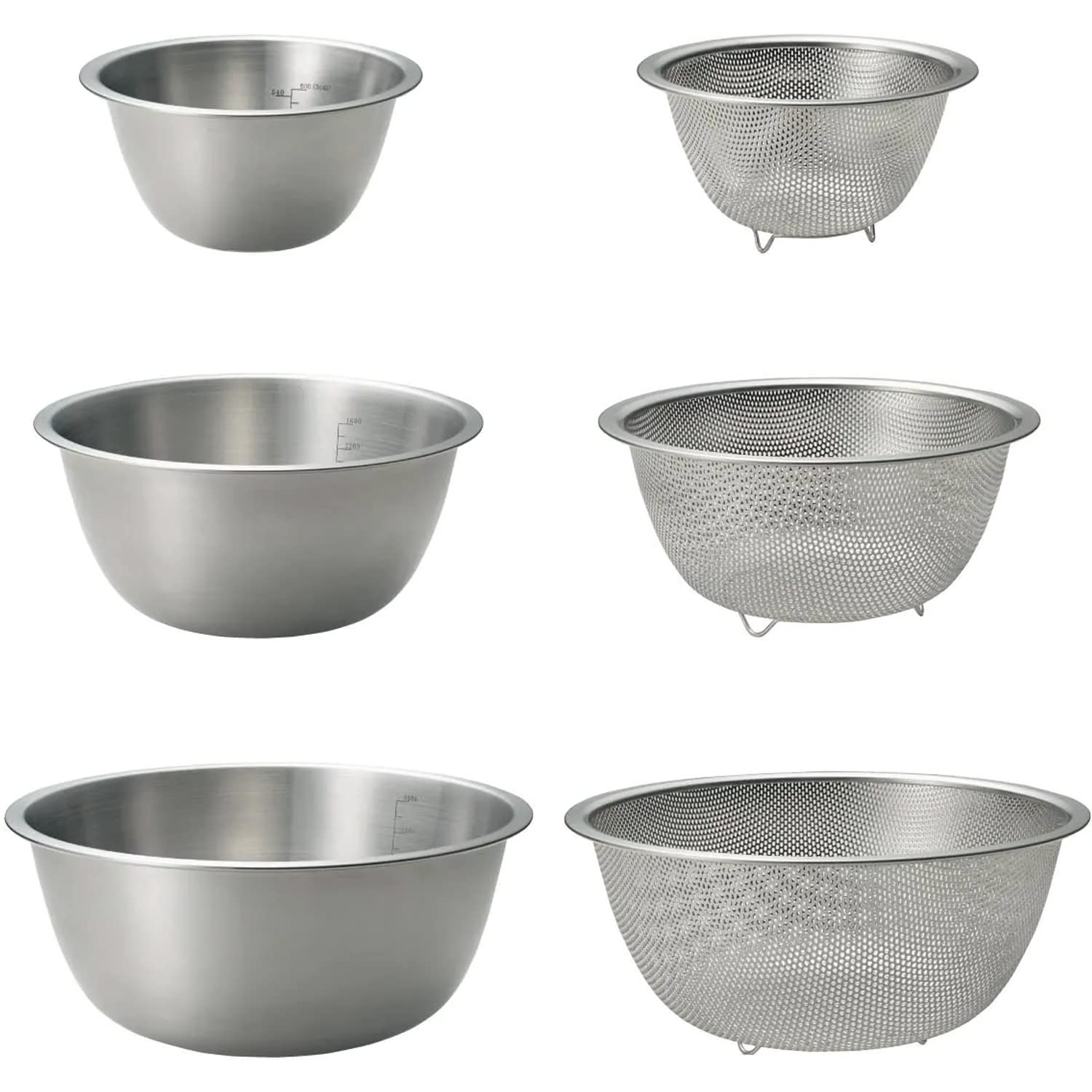 [ベルメゾン] ボウル ザル 6点 セット ステンレス すっきり収納できる 食洗機対応 目盛り付き ツヤ消し ボウル パンチング 脚付き ざる 6点セット