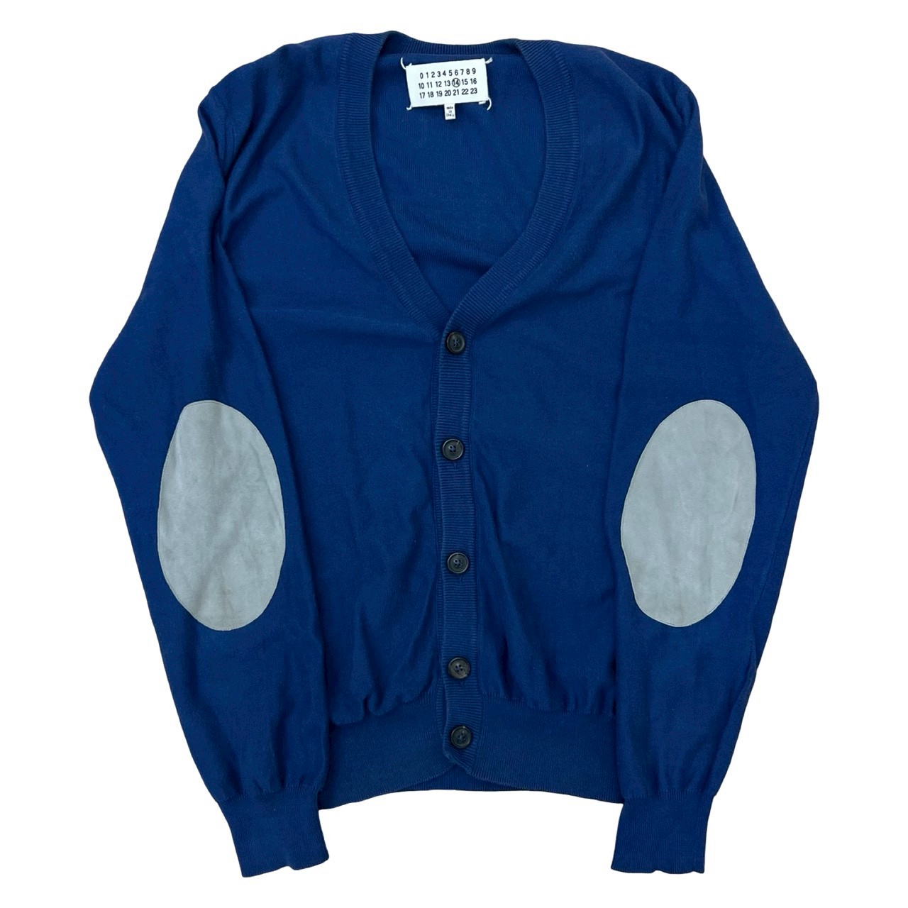 Vネック エルボーパッチカーディガン コットン ラムレザー ブルー 59365