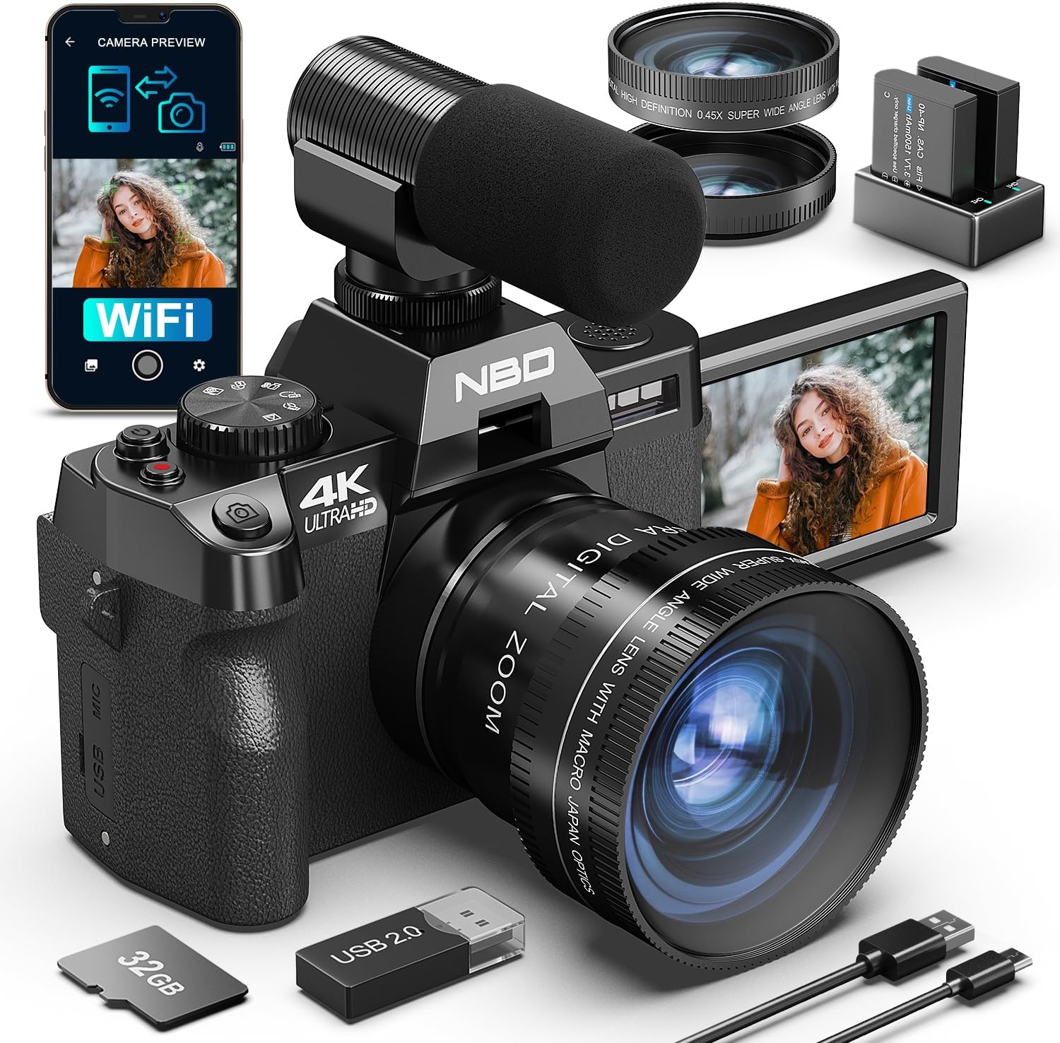 NBD 4K 4800万画素・120FPSデジタルカメラ【マクロ+広角レンズ・Wi-Fiとアプリ制御】16倍ズーム AF 機能付き 一眼レフカメラ LEDフラッシュ＆ウェブカメラ機能 32GB