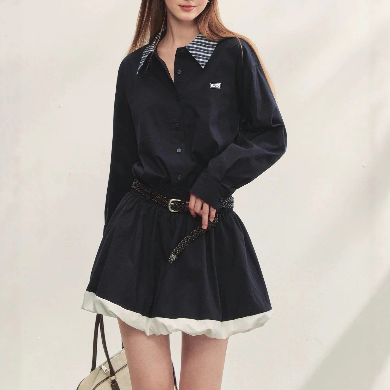チェック柄ブラック長袖ワンピース初カレッジスタイルスリムウエストバドシャツスカート