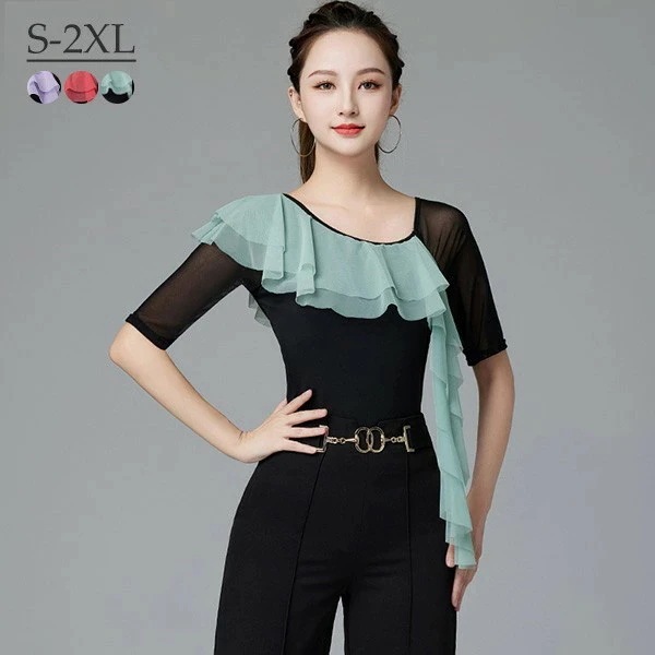 おすすめ品ダンス用 ダンスウェア ダンストップス 透け感 フリル 無地 レオタード 女性用 ラテンダンス レディース 社交ダンス ラテン ラテンダンス 衣装 社交ダンス衣装 練習用 練習着 競技用 ス