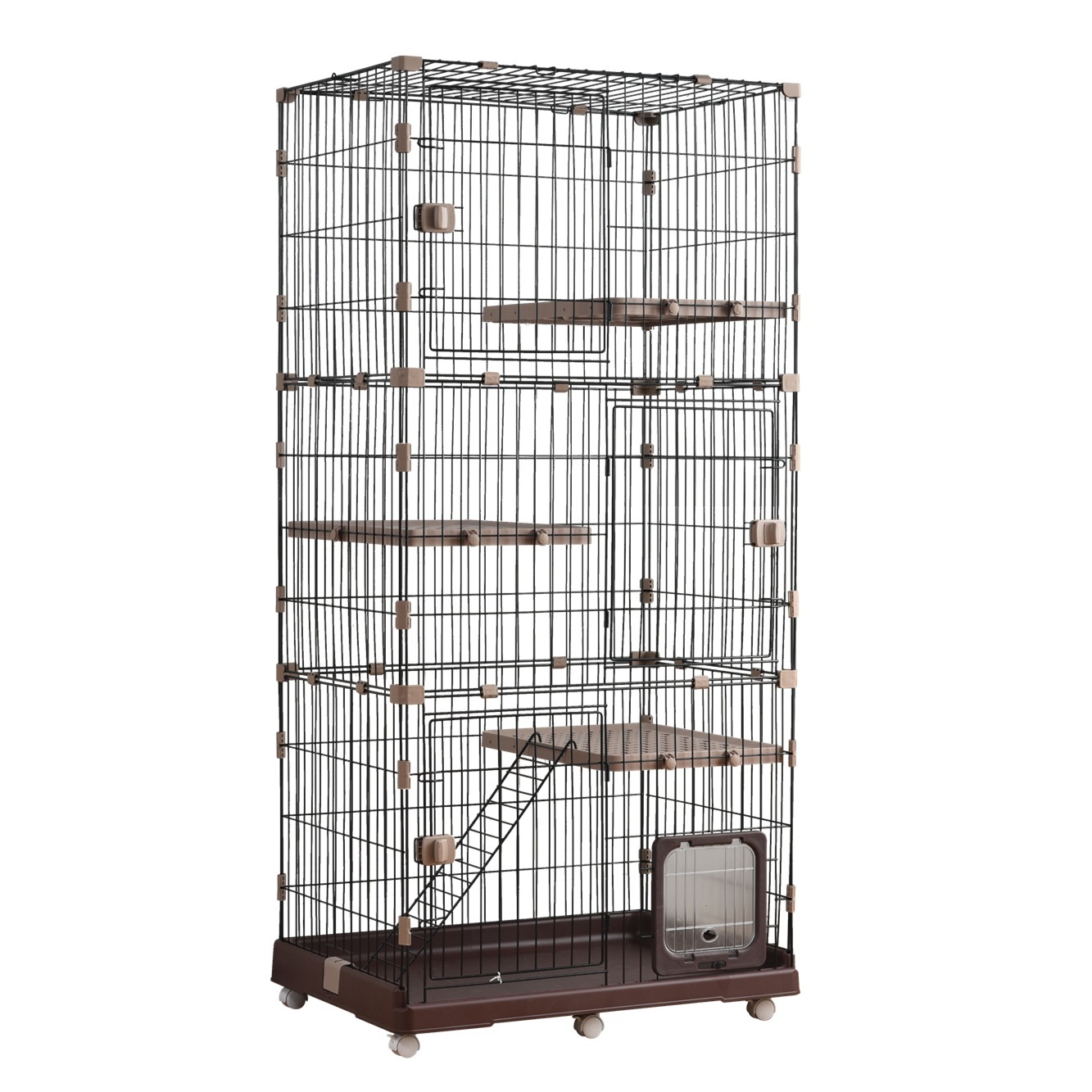 【2点購入で150OFF】【国内即発送】猫 ケージ 収納型 キャットケージ 3段 1段2段可能 キャスター付 キャットハウス 【ブラウン】 14,790円