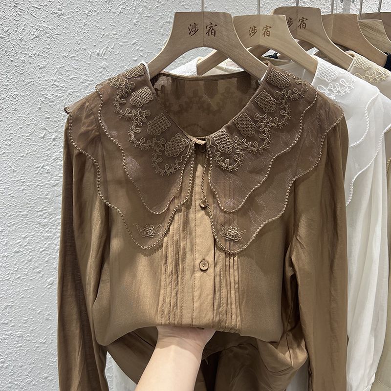 シアーシャツブラウスブラウスレディースフリルシースルーレディースファッションシフォンレーストップスタイブラウスノースリーブシャツメガ割ベビーカラー長袖ブラウスシャツレディース春ニューデザインフランスデ 4,767円