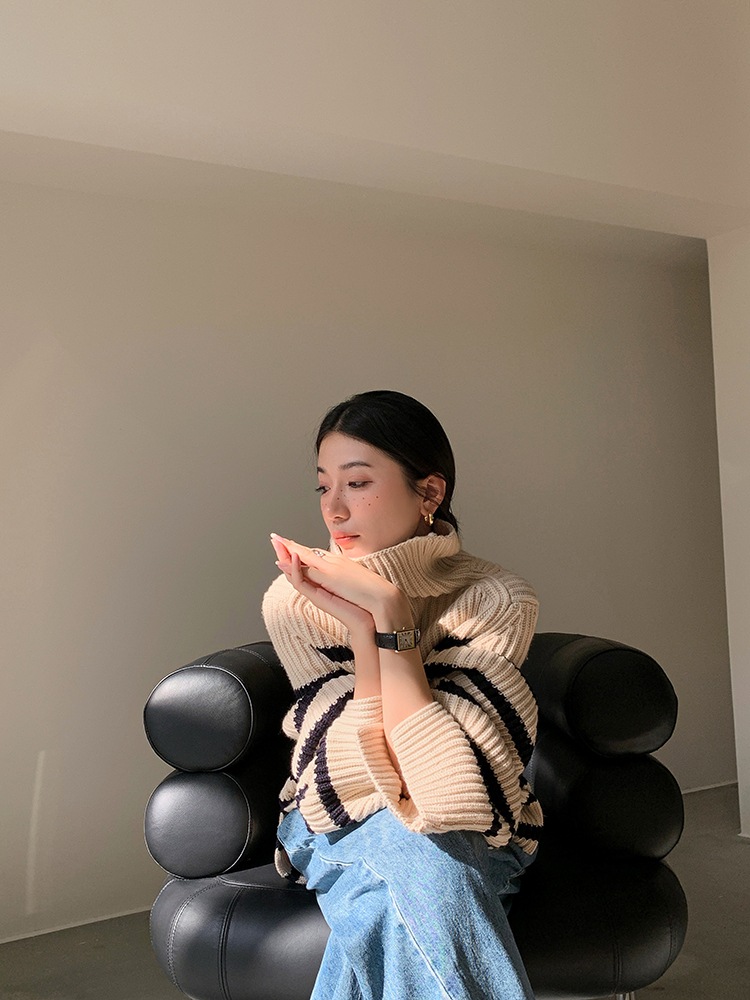 レディース ファッション ストライプ タートルネック セーター 婦人服 秋 冬 スリム プルオーバー トップ ベージュ ＳＭＬ トップス 袖あり かわいい 大人可愛い きれいめ シンプル カジュアル
