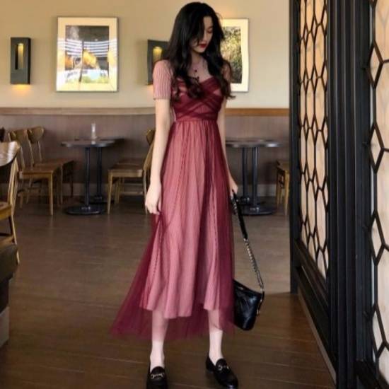 ワンピース ドレス パーティードレス ロングワンピース ハイネック 袖あり 半袖 ストライプ チュール 透け感 ふんわり オシャレ 大人可愛い 個性的 20代 30代 春 夏
