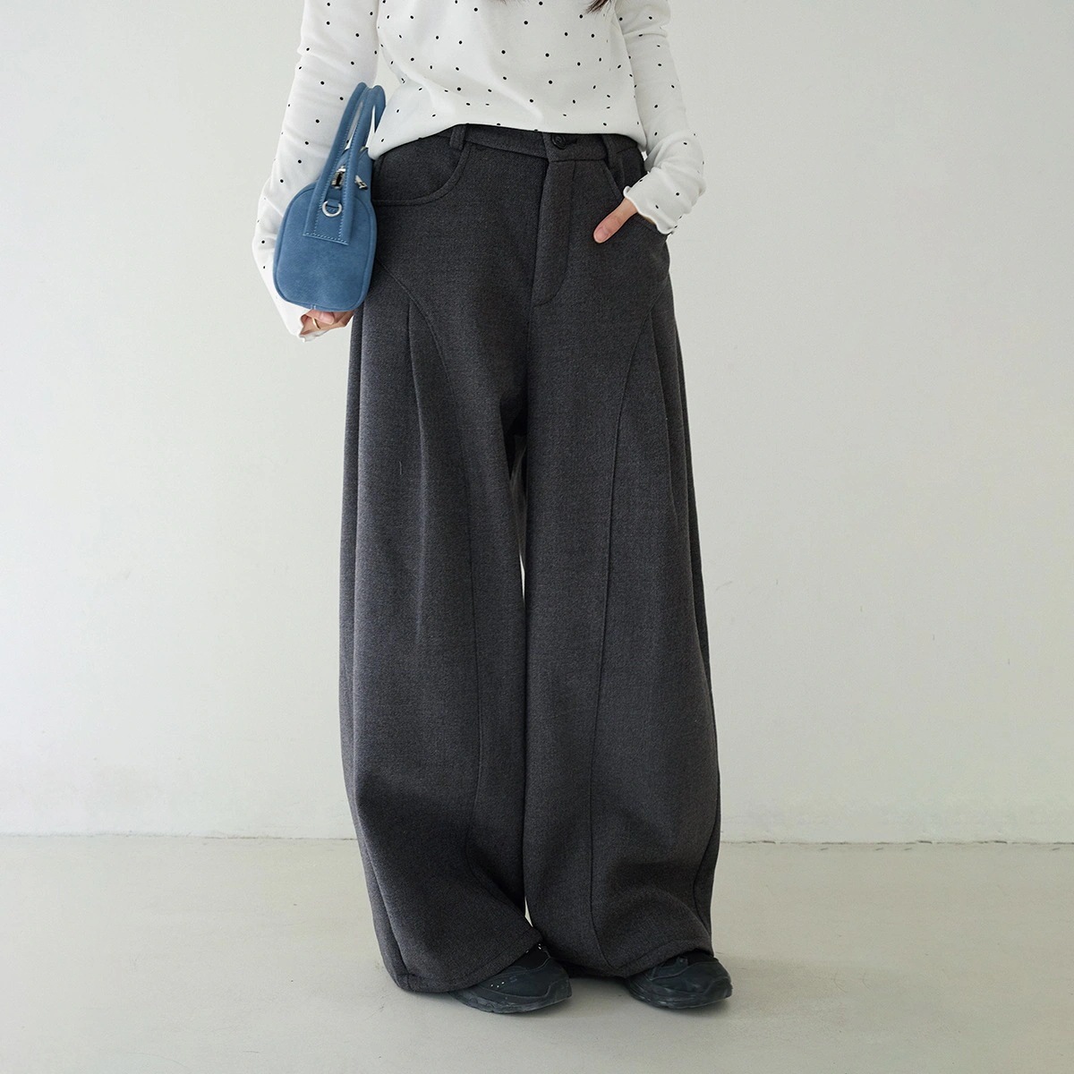 3日出荷 おすすめ グレージュ 立体拼接 ウール カーブドワイド 春服 レディース