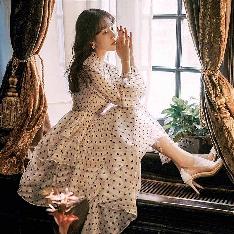 ドレス レディース パーティードレス ワンピドレス ドレスワンピース カジュアルドレス ロング 水玉 ポルカドット ティアード ケーキスカート フリル 個性的 袖あり 薄手 長袖 ランタンスリーブ か