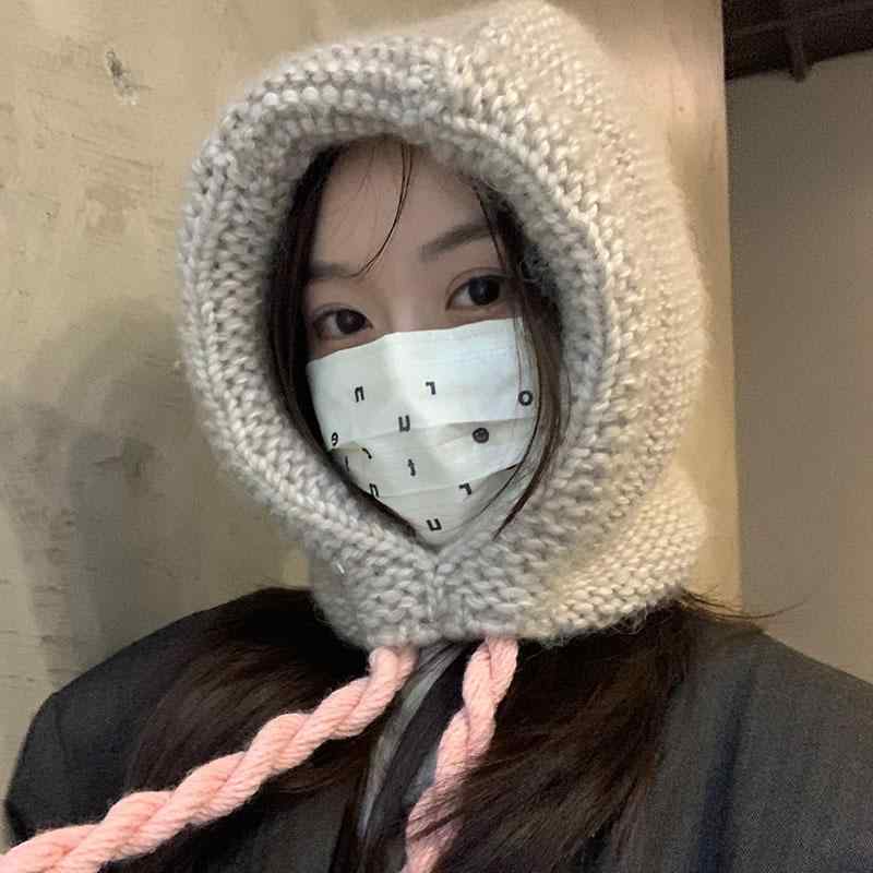 帽子 レディース 秋冬 韓国 ウール ニット フードウォーマー 頭巾 編み込み 紐付き 防寒 暖かい 大きめ シンプル カジュアル グレー ベージュ 青