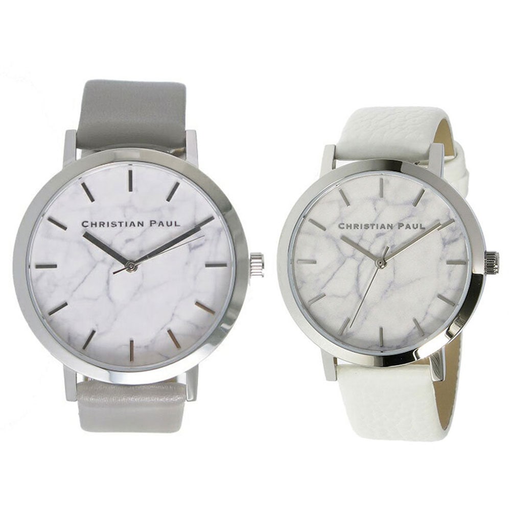 クリスチャンポール 時計 メンズ レディース ペアウォッチ 43mm 35mm ホワイトマーブル 大理石柄 グレー ホワイト レザー MWS4302MRL-03 カップル 男女 ペアセット 誕生日ギフ