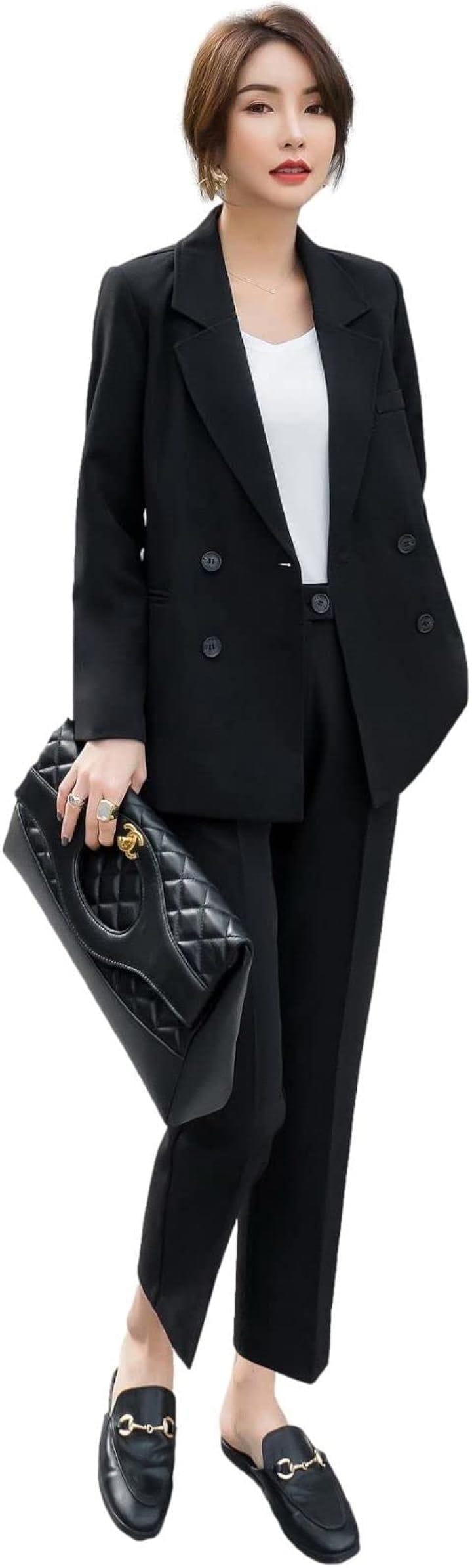 カジュアルスーツ 上下セット 足首スッキリ 9分丈パンツ 長袖 セレモニー 洗える きれいめ スリム スラックス お呼ばれ アウター ビジネススーツ ポリエステル(ブラック, XL)