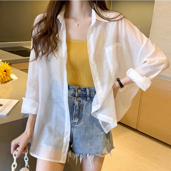 トップス シャツ ブラウス 日焼け止め 薄地 薄手 長袖 カーディガン ジャケット 無地 シングルブレスト ストレート 通勤 フリル ポロカラー ミディアム丈 ホワイト 白 グレーブルー