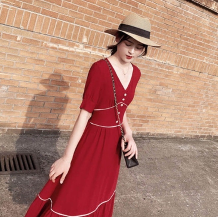 ワンピース 膝丈 ひざ丈 袖あり かわいい 大人可愛い きれいめ シンプル カジュアル 大人 上品 半袖 Vネック フレア ティアード レトロ ロング丈 ミモレ丈 XL 2XL ブラック 韓国 コーデ