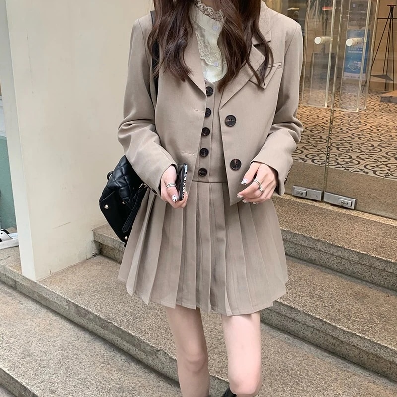 セットアップ 3点セット ジャケット キャミワンピース シャツ トップス アウター ワンピース ブラウス 上着 ミニ ミニ丈 袖あり 長袖 Vネック プリーツ レース ハイウエスト 前開き 3way