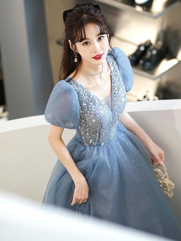 ワンピースドレスドレスイブニングドレス女性ブルーピュアスタイルホストパフォーマンスコスムベルカントソロスカート