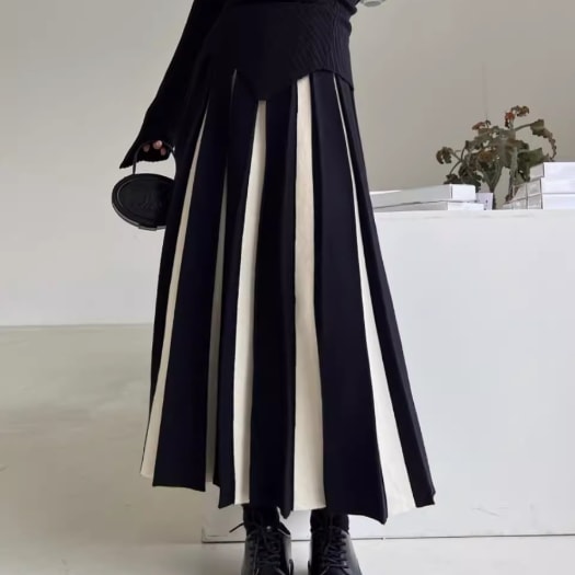 レディース スカート ボトムス 膝下 ミモレ Aライン プリーツ ハイウエスト ニット かわいい 大人可愛い きれいめ カジュアル 上品 おしゃれ こなれ感 個性的 モード系 エレガント モダン