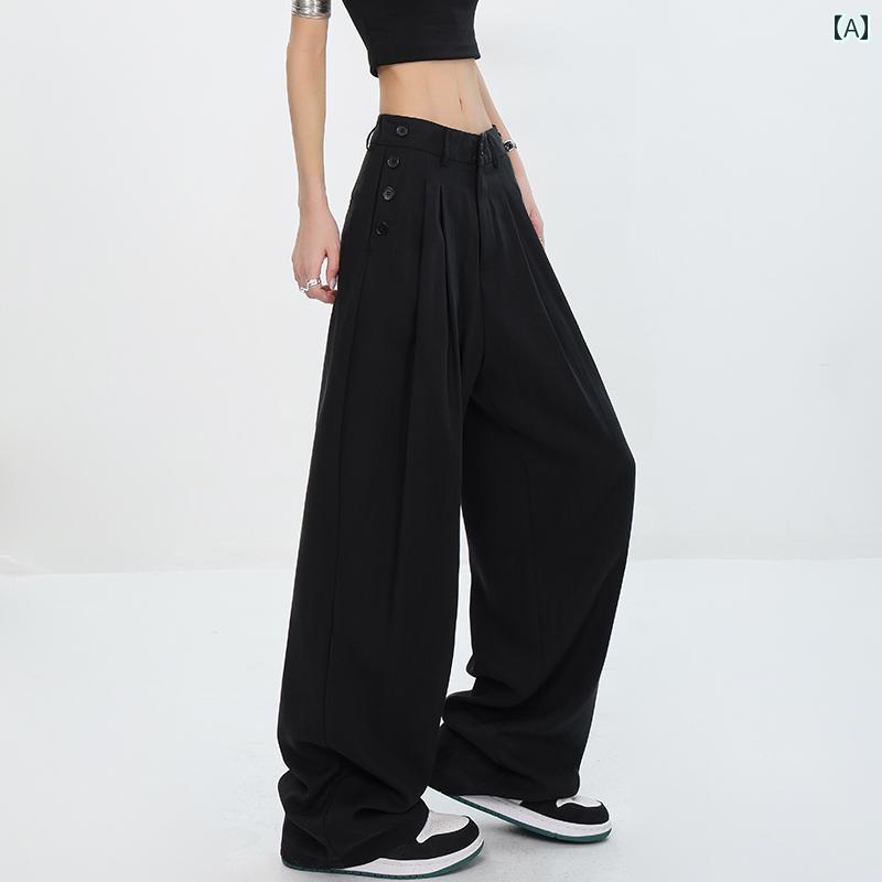レディース ボトムス パンツ ワイド ロング ストリート KPOP ダンス トレーニング 夏 黒 ダブルブレスト ハイエンド 細い 縦 ストレート スーツ