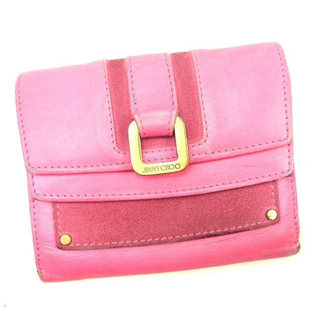 三つ折り財布 2重ホック ピンク系 ゴールド 中古