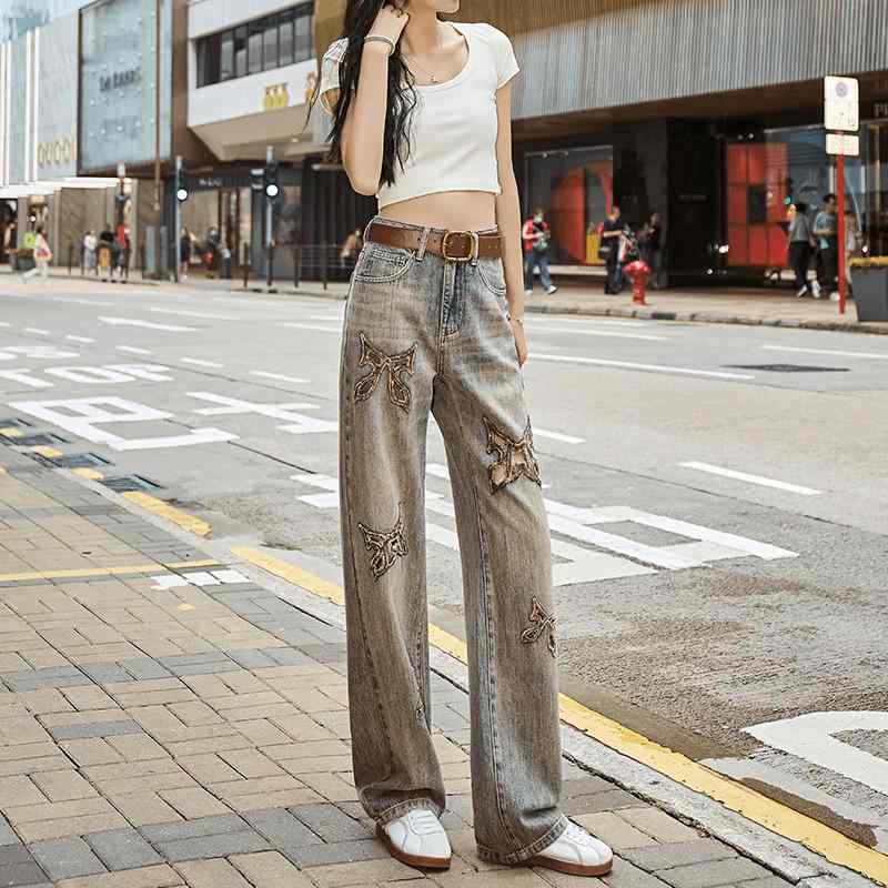 デニム パンツ ボトムス 蝶 レディース 刺繍 ラインストーン ジーンズ 夏 レトロ ストレート ハイウエスト 青