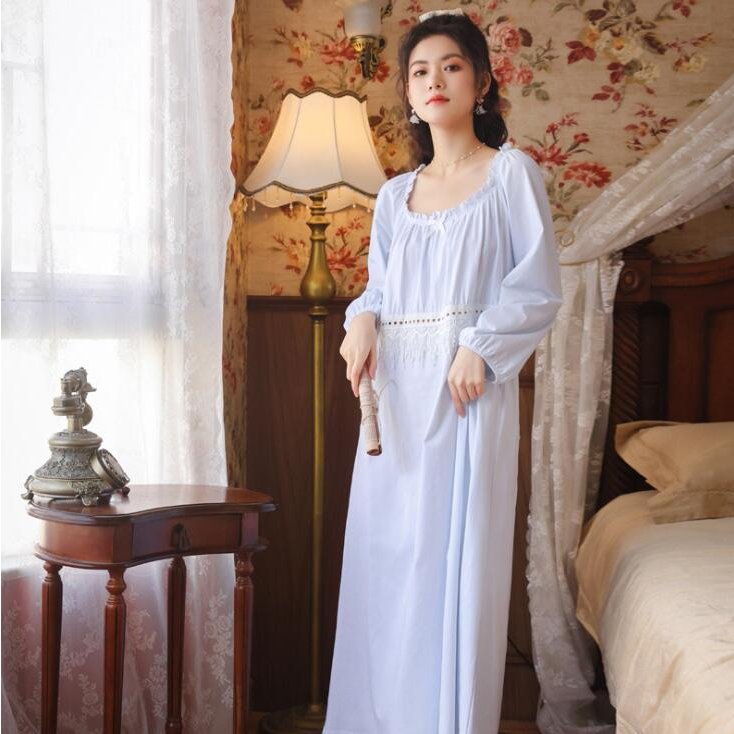 パジャマ レディース ネグリジェ 春秋 綿 長袖ネグリジェ 姫風ワンピース ロング丈 レースネグリジ