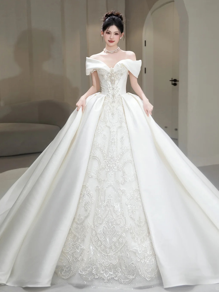 ワンショルダーサテンメインウェディングドレス花嫁2025ヘビーデューティーハイエンドテクスチャ妊婦トレーリング